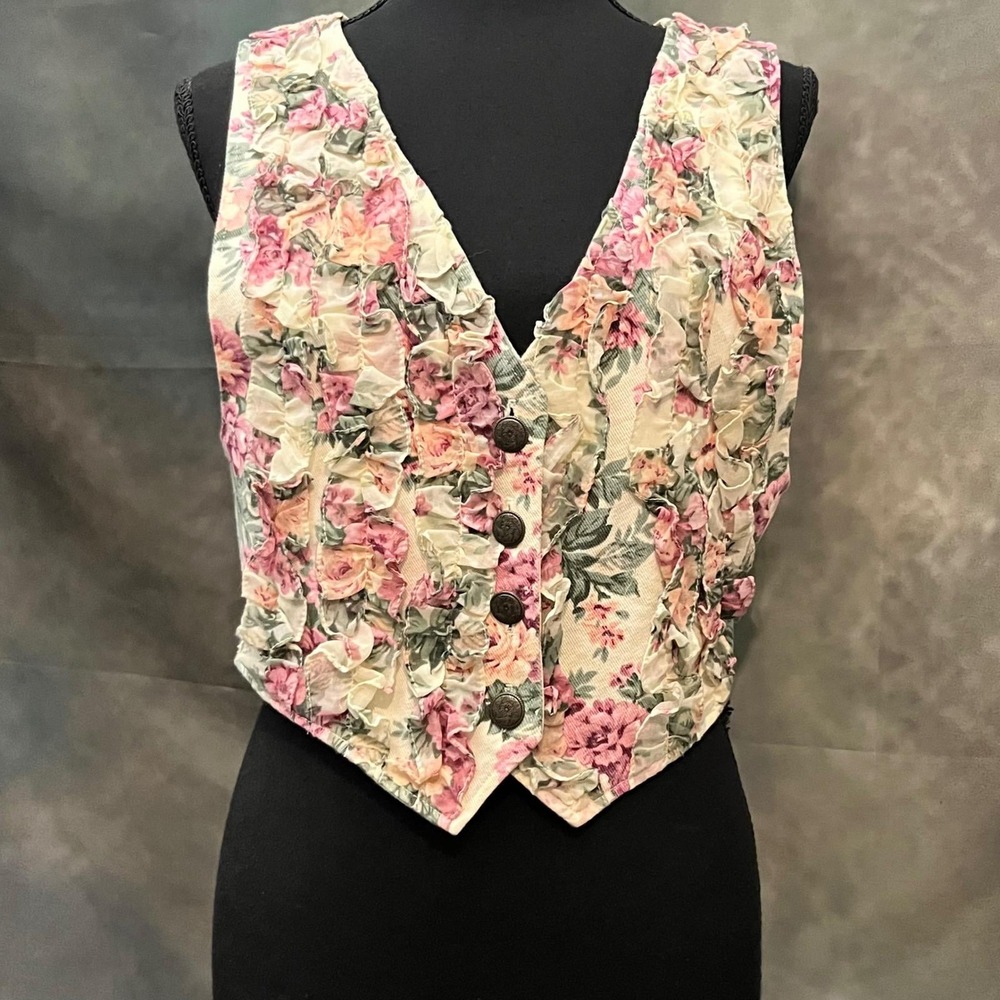 O2 Vintage Y2K Floral Ruffle‎ Button Front Vest Women's Size Small